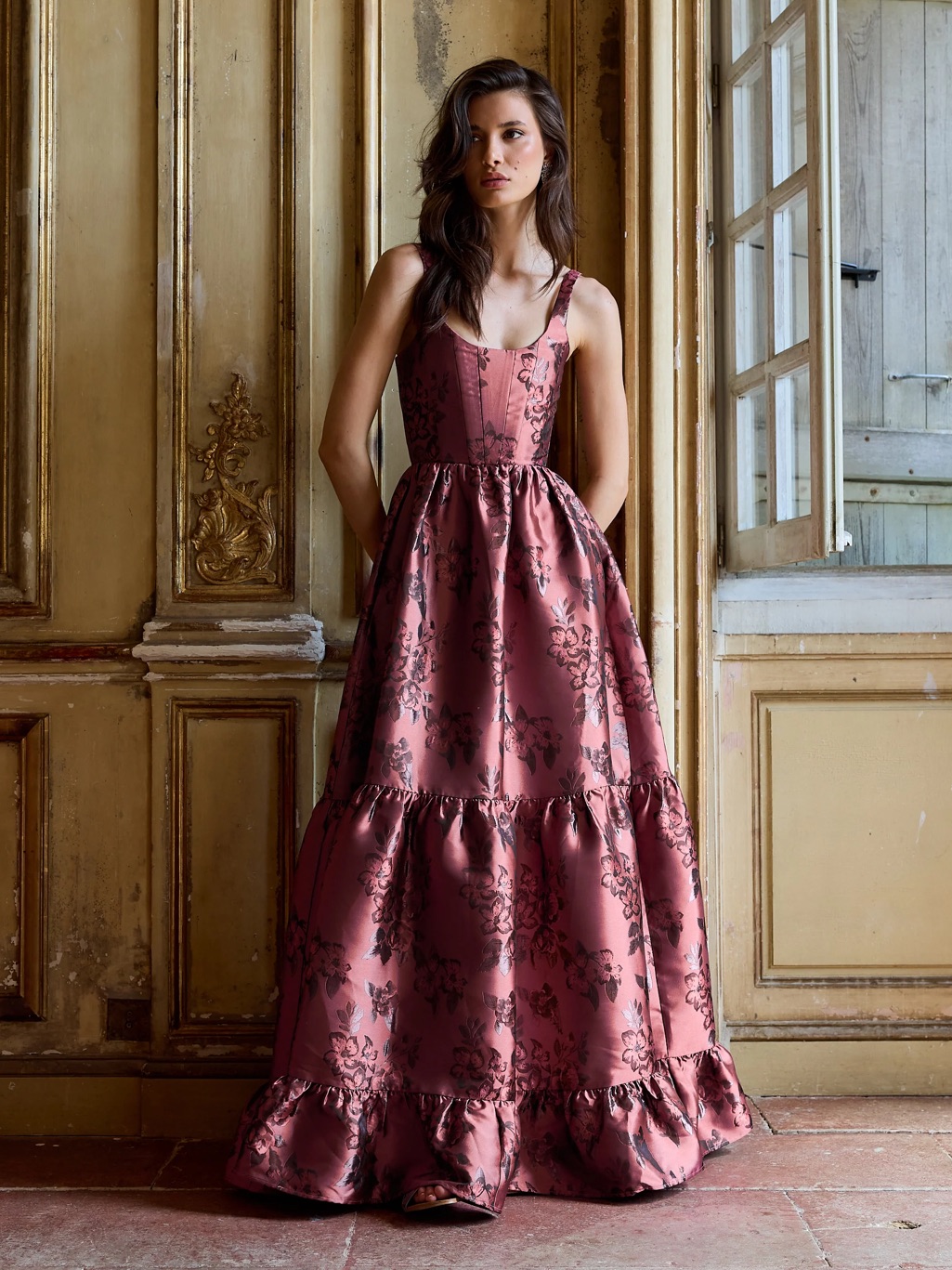 V. Chapman Avery Deco Rose Baroque Floral Maxi Dress Gown New With Tags